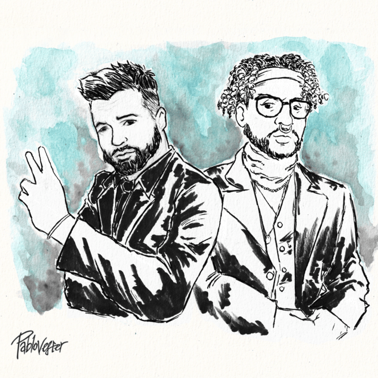 Dibujo de Ricky Martin y Bad Bunny en acuarelas