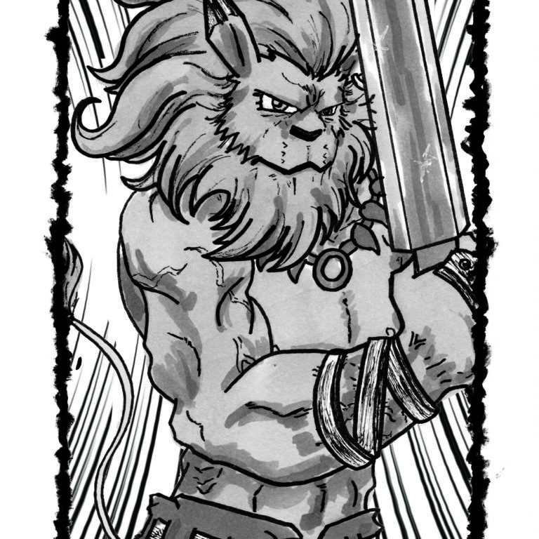 Dibujo de Leomon de Digimon con marcadores en tonos grises