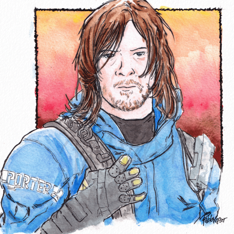 Sam de Death Stranding en acuarelas y tinta