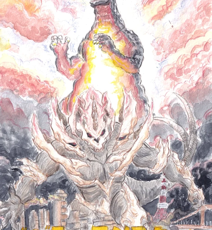 Poster de Godzilla y Monster X en acuarelas