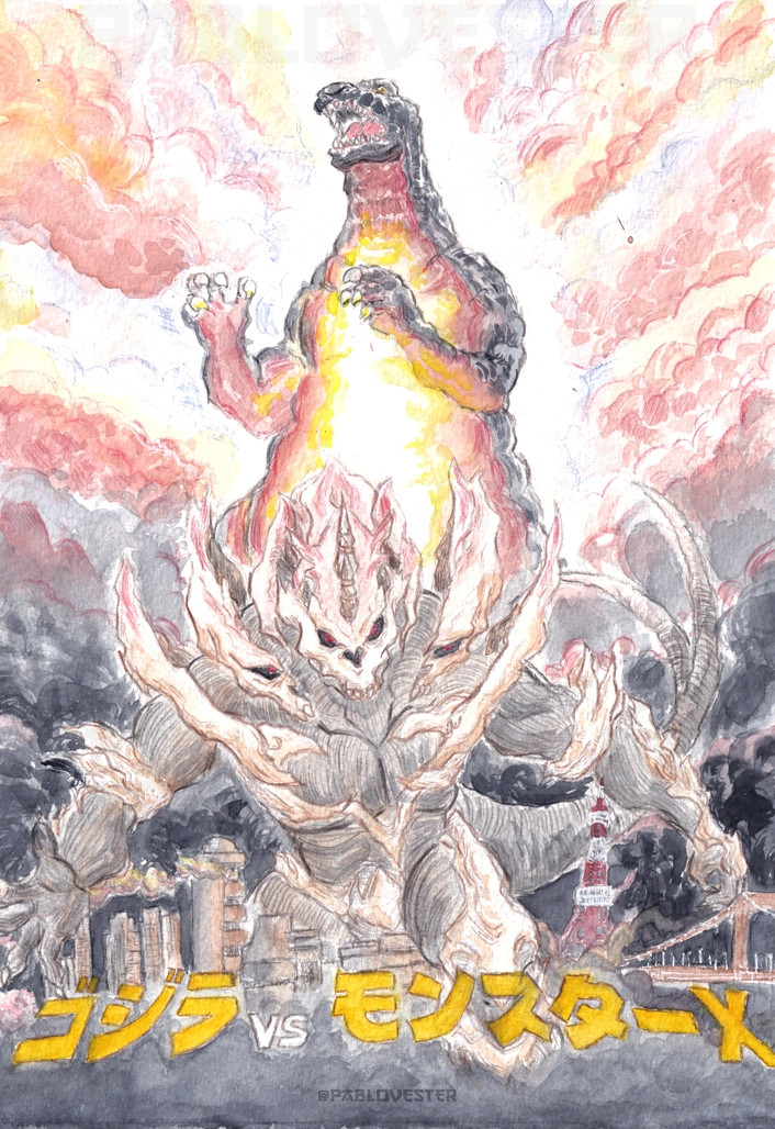 Godzilla vs Monster X watercolor poster by pablovester