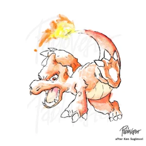 Pokemon watercolor illustration in the style of Ken Sugimori by pablovester drawing Charmander