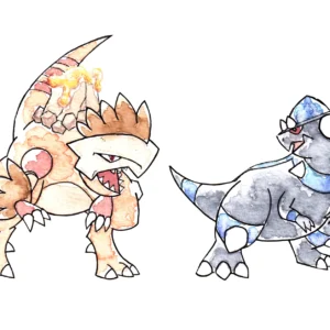Pokemon watercolor illustration in the style of Ken Sugimori with Fakemon dinosaur and Rampardos