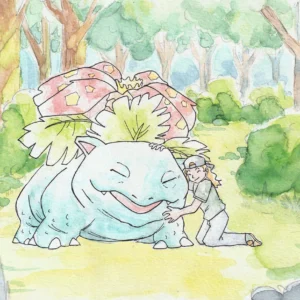 Pokemon watercolor illustration in the style of Ken Sugimori in the forest with Venasaur