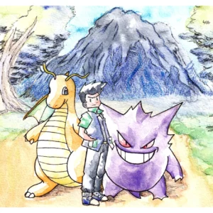 Pokemon watercolor illustration in the style of Ken Sugimori in a landscape with trainer and his Gengar