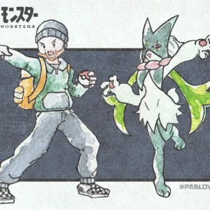 Pokemon watercolor illustration in the style of Ken Sugimori with Meowscarada and his trainer