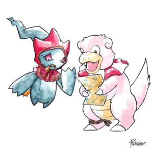 Pokemon watercolor illustration in the style of Ken Sugimori from Pokemon Mystery Dungeon