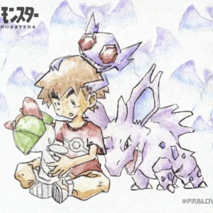 Pokemon watercolor illustration in the style of Ken Sugimori with a portrait of a team