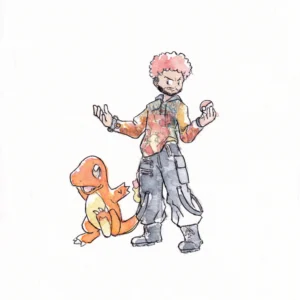 Pokemon watercolor illustration in the style of Ken Sugimori with a rapper trainer