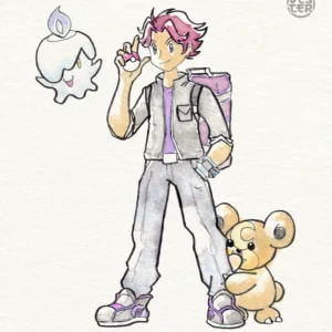 Pokemon watercolor illustration in the style of Ken Sugimori with his shy pokemon