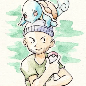 Pokemon watercolor illustration in the style of Ken Sugimori with a trainer and his Squirtle on his head