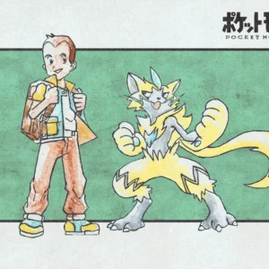Pokemon Zeraora watercolor illustration in the style of Ken Sugimori with a trainer