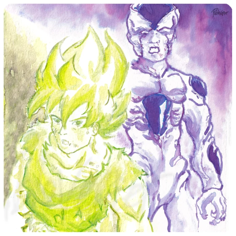 Dibujo en acuarelas de Goku y Freezer por el dibujante pablovester