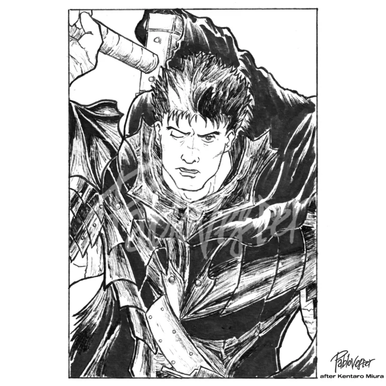 Boceto en blanco y negro de Guts de Berserk
